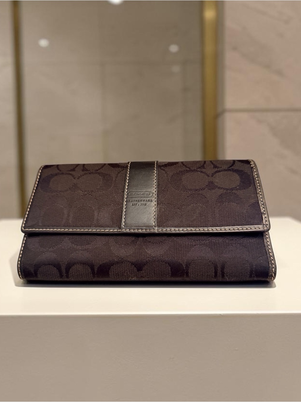 Coach Black Signature C Jacquard Leather Checkbook Trifold Wallet (GUC)